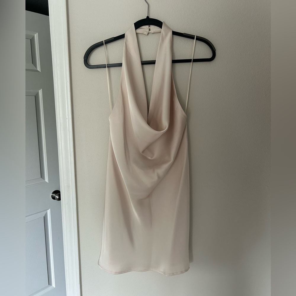 Beautiful cream silk mini dress with cowl neck and open back. Worn once!
